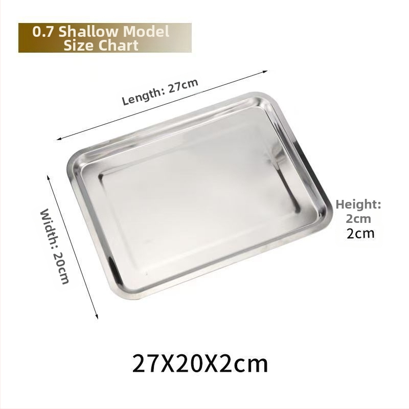 Hrubý hlboký nerezový pravouhlý tanier na servírovanie, jednofarebný dizajn, jemne leštená plocha, moderný minimalistický štýl, kompatibilný s mikrovlnnou rúrou.