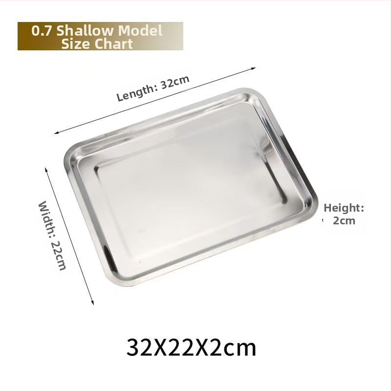 Hrubý hlboký nerezový pravouhlý tanier na servírovanie, jednofarebný dizajn, jemne leštená plocha, moderný minimalistický štýl, kompatibilný s mikrovlnnou rúrou.