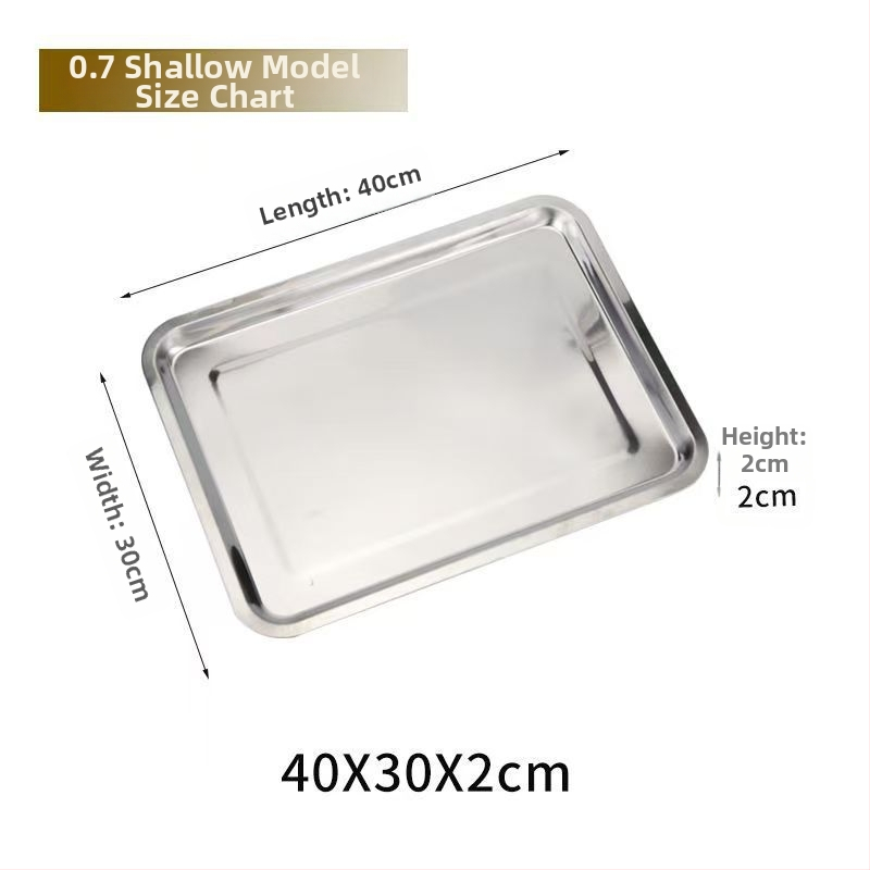 Hrubý hlboký nerezový pravouhlý tanier na servírovanie, jednofarebný dizajn, jemne leštená plocha, moderný minimalistický štýl, kompatibilný s mikrovlnnou rúrou.