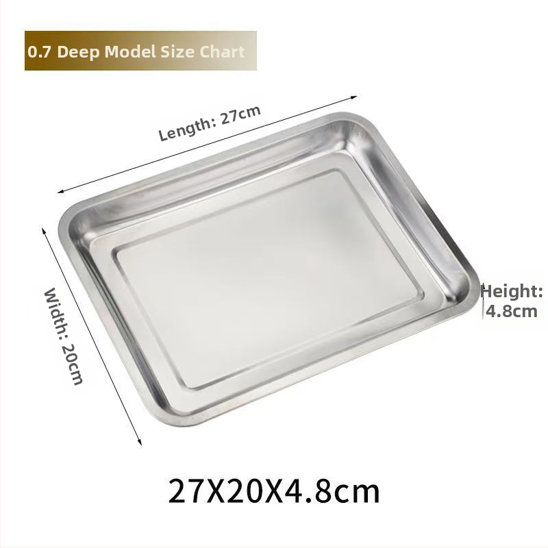 Hrubý hlboký nerezový pravouhlý tanier na servírovanie, jednofarebný dizajn, jemne leštená plocha, moderný minimalistický štýl, kompatibilný s mikrovlnnou rúrou.