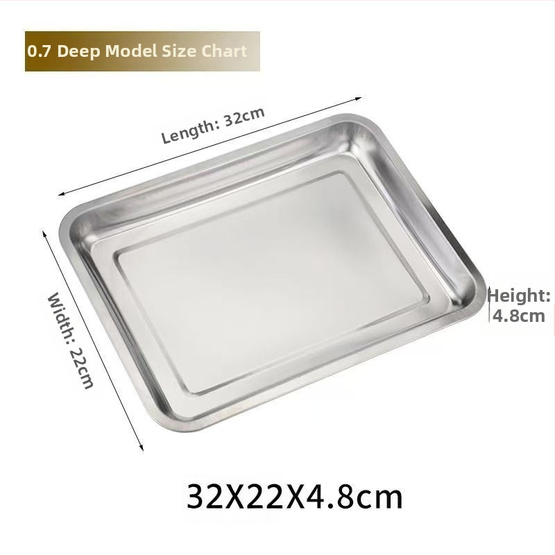 Hrubý hlboký nerezový pravouhlý tanier na servírovanie, jednofarebný dizajn, jemne leštená plocha, moderný minimalistický štýl, kompatibilný s mikrovlnnou rúrou.