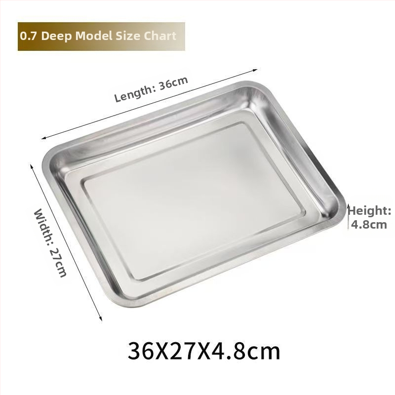 Hrubý hlboký nerezový pravouhlý tanier na servírovanie, jednofarebný dizajn, jemne leštená plocha, moderný minimalistický štýl, kompatibilný s mikrovlnnou rúrou.