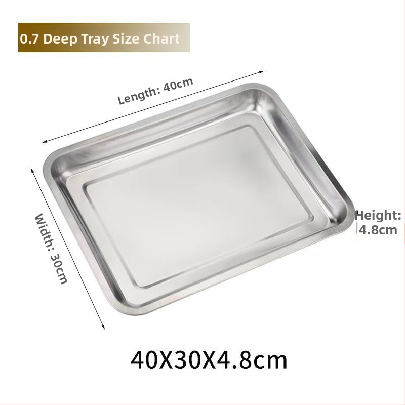 Hrubý hlboký nerezový pravouhlý tanier na servírovanie, jednofarebný dizajn, jemne leštená plocha, moderný minimalistický štýl, kompatibilný s mikrovlnnou rúrou.