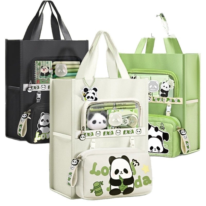 Geantă Panda pentru elevi - din canvas, formă dreptunghiulară, fermoar