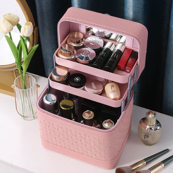 Многослойна козметична кутия за пътуване с огледало, PVC, цип, каре шарка, антибактериална, с универсални колела