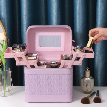 Многослойна козметична кутия за пътуване с огледало, PVC, цип, каре шарка, антибактериална, с универсални колела