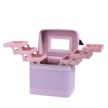 Многослойна козметична кутия за пътуване с огледало, PVC, цип, каре шарка, антибактериална, с универсални колела