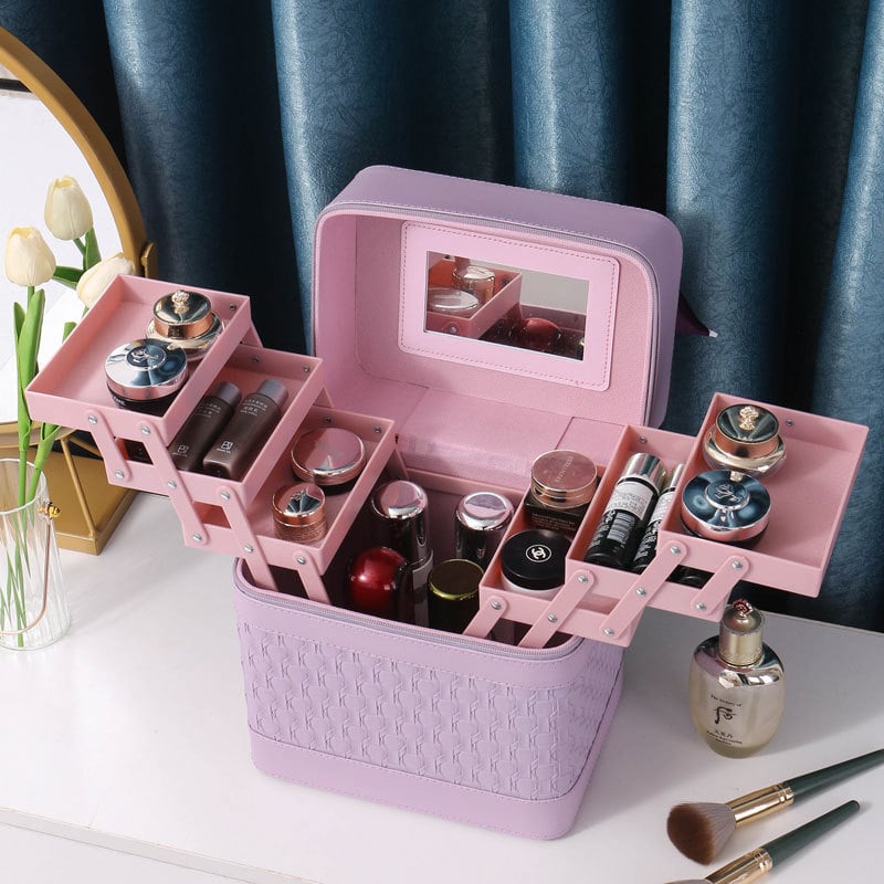 Многослойна козметична кутия за пътуване с огледало, PVC, цип, каре шарка, антибактериална, с универсални колела