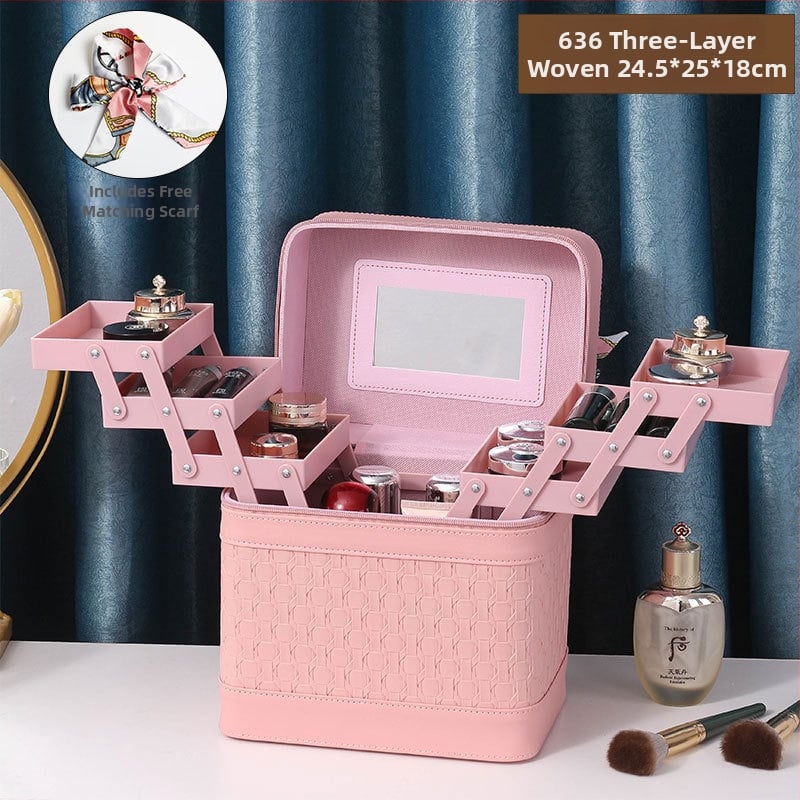 Многослойна козметична кутия за пътуване с огледало, PVC, цип, каре шарка, антибактериална, с универсални колела