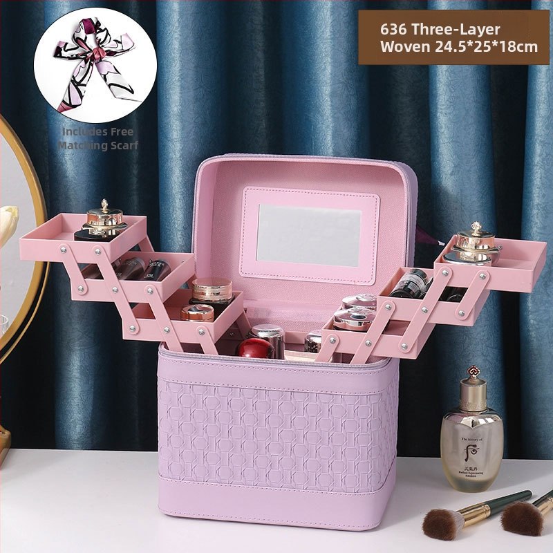 Многослойна козметична кутия за пътуване с огледало, PVC, цип, каре шарка, антибактериална, с универсални колела