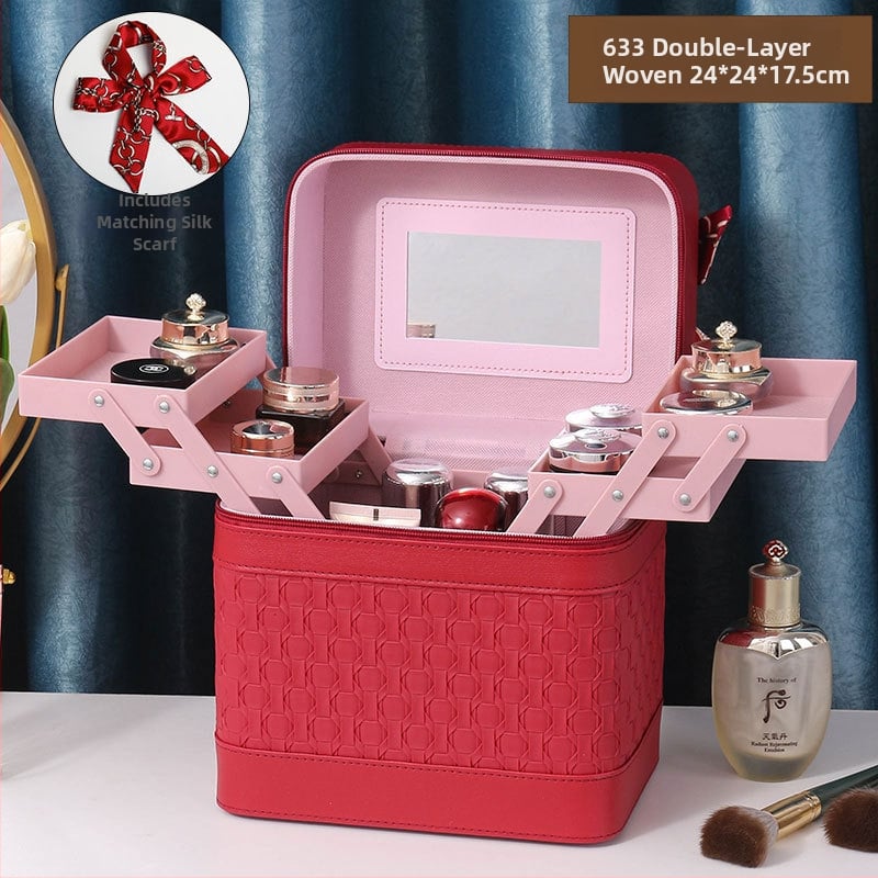 Многослойна козметична кутия за пътуване с огледало, PVC, цип, каре шарка, антибактериална, с универсални колела