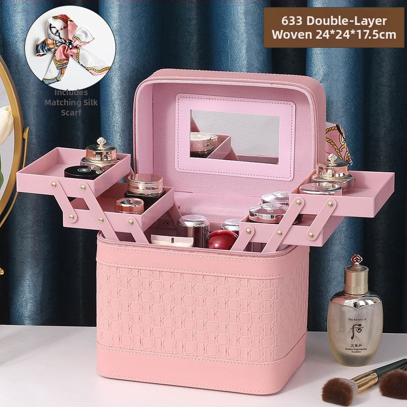 Многослойна козметична кутия за пътуване с огледало, PVC, цип, каре шарка, антибактериална, с универсални колела