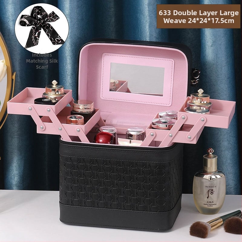 Многослойна козметична кутия за пътуване с огледало, PVC, цип, каре шарка, антибактериална, с универсални колела