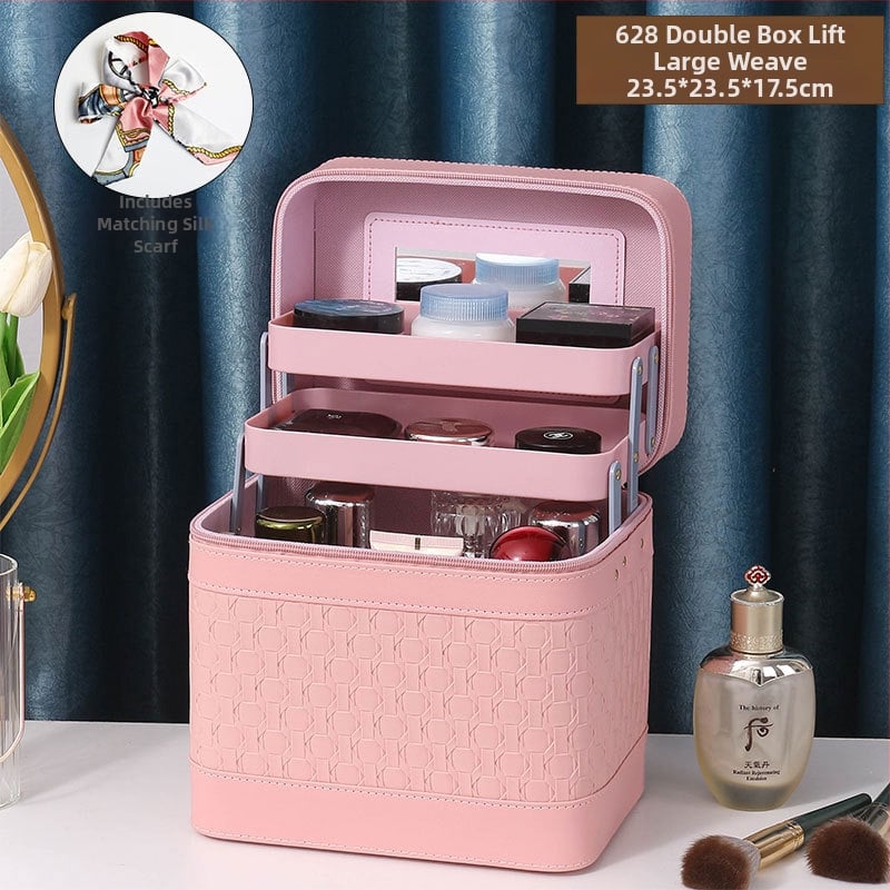 Многослойна козметична кутия за пътуване с огледало, PVC, цип, каре шарка, антибактериална, с универсални колела