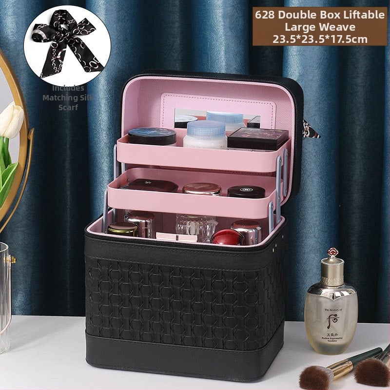 Многослойна козметична кутия за пътуване с огледало, PVC, цип, каре шарка, антибактериална, с универсални колела