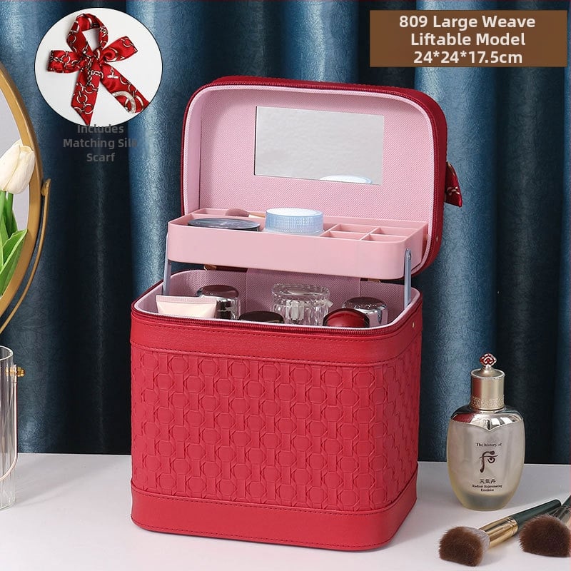 Многослойна козметична кутия за пътуване с огледало, PVC, цип, каре шарка, антибактериална, с универсални колела