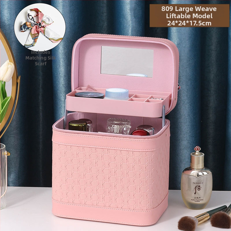 Многослойна козметична кутия за пътуване с огледало, PVC, цип, каре шарка, антибактериална, с универсални колела