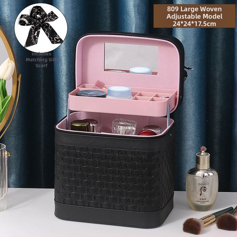 Многослойна козметична кутия за пътуване с огледало, PVC, цип, каре шарка, антибактериална, с универсални колела