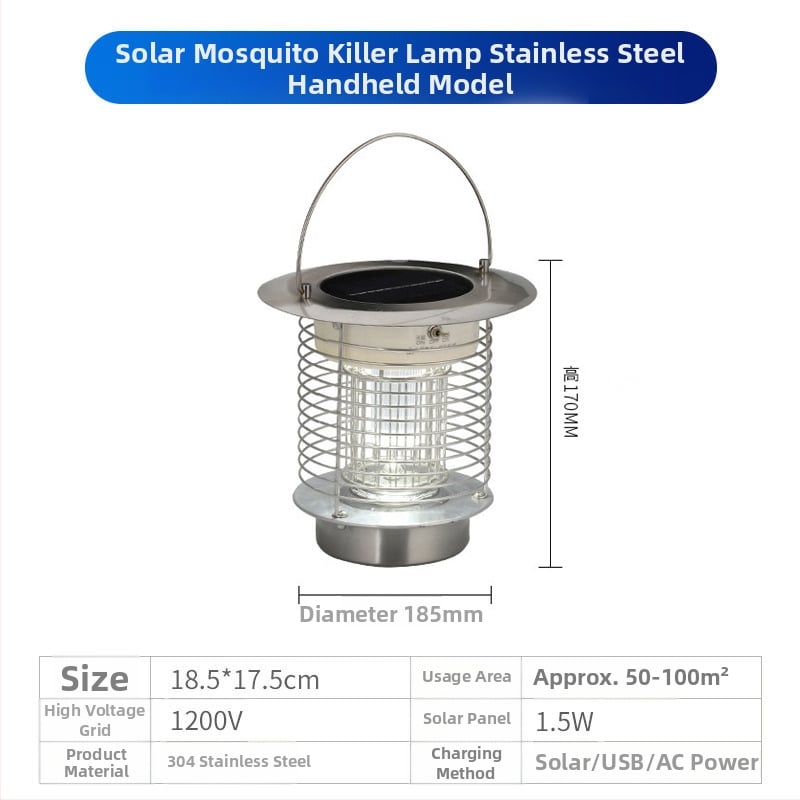 Napelemes kültéri LED szúnyogirtó lámpa, vízálló, 31–40 m² területre, 0–180°-ban állítható, rozsdamentes acél ház