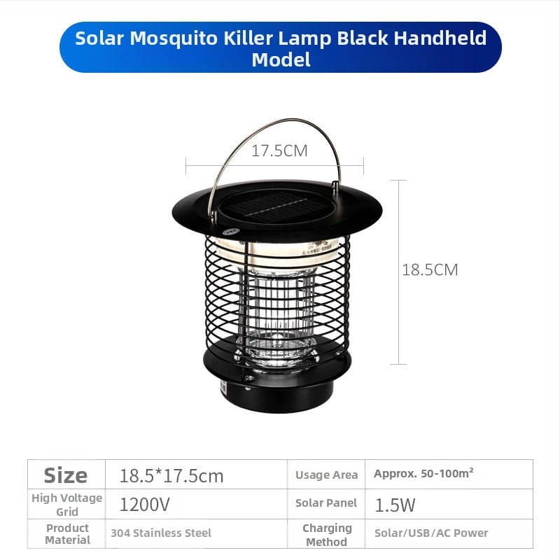 Napelemes kültéri LED szúnyogirtó lámpa, vízálló, 31–40 m² területre, 0–180°-ban állítható, rozsdamentes acél ház