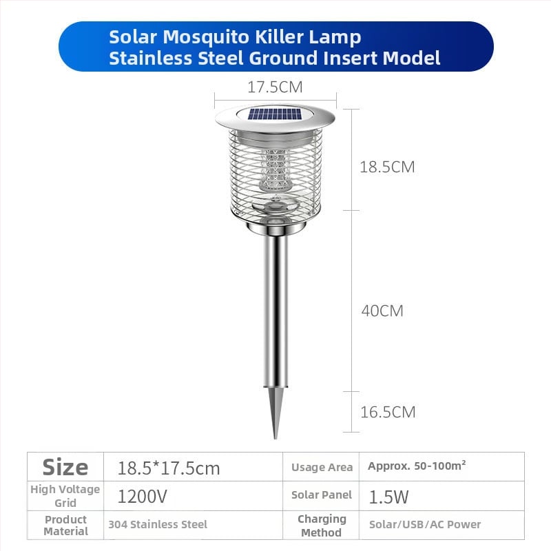 Napelemes kültéri LED szúnyogirtó lámpa, vízálló, 31–40 m² területre, 0–180°-ban állítható, rozsdamentes acél ház