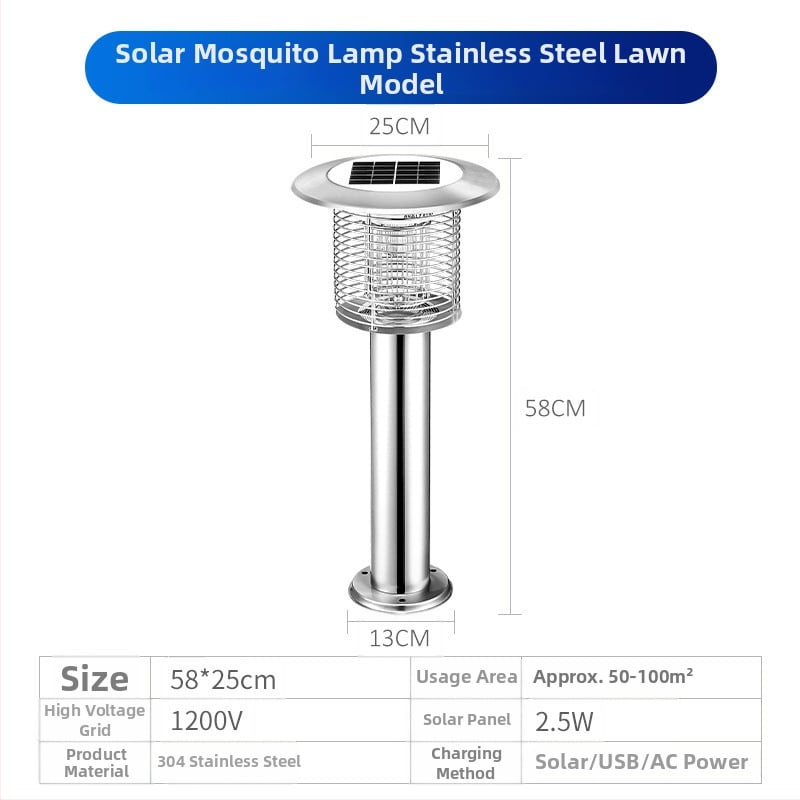 Napelemes kültéri LED szúnyogirtó lámpa, vízálló, 31–40 m² területre, 0–180°-ban állítható, rozsdamentes acél ház