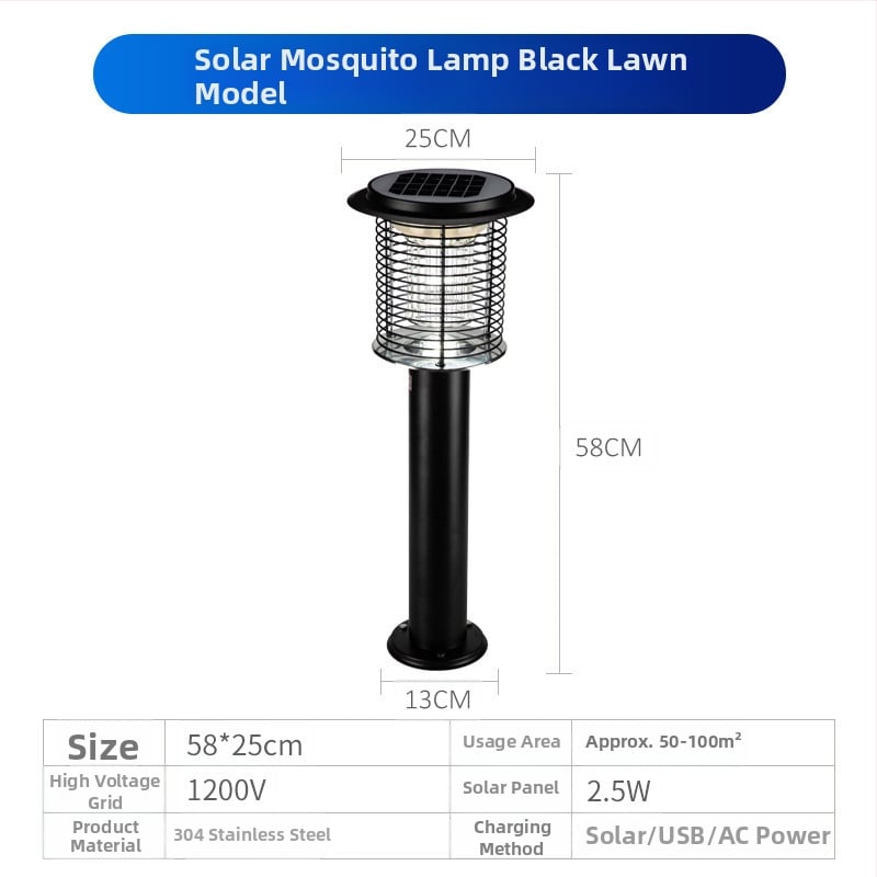 Napelemes kültéri LED szúnyogirtó lámpa, vízálló, 31–40 m² területre, 0–180°-ban állítható, rozsdamentes acél ház