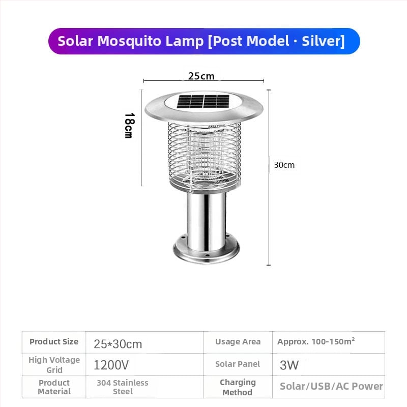 Napelemes kültéri LED szúnyogirtó lámpa, vízálló, 31–40 m² területre, 0–180°-ban állítható, rozsdamentes acél ház