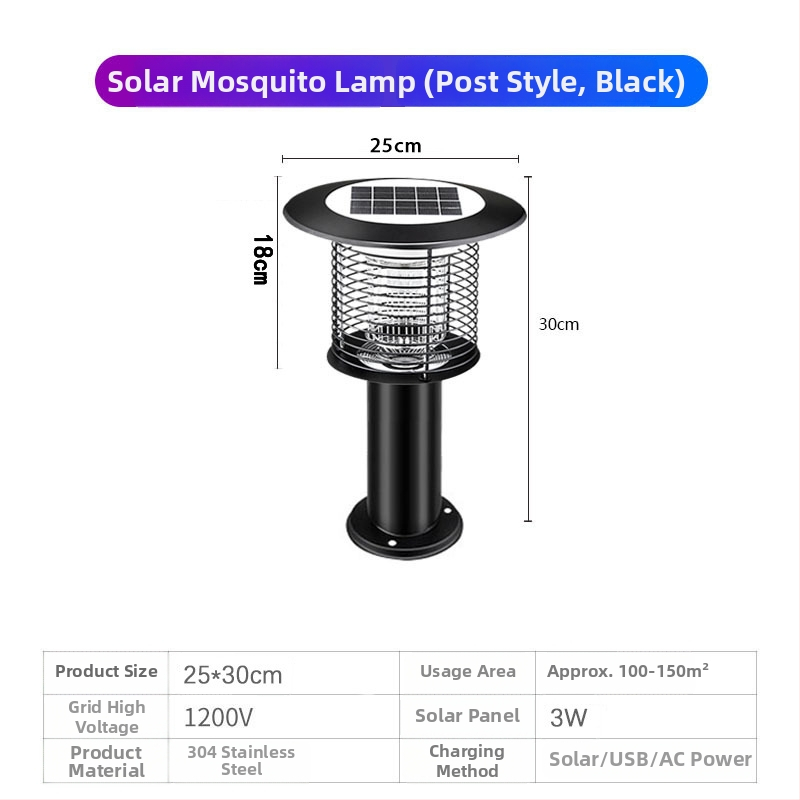 Napelemes kültéri LED szúnyogirtó lámpa, vízálló, 31–40 m² területre, 0–180°-ban állítható, rozsdamentes acél ház