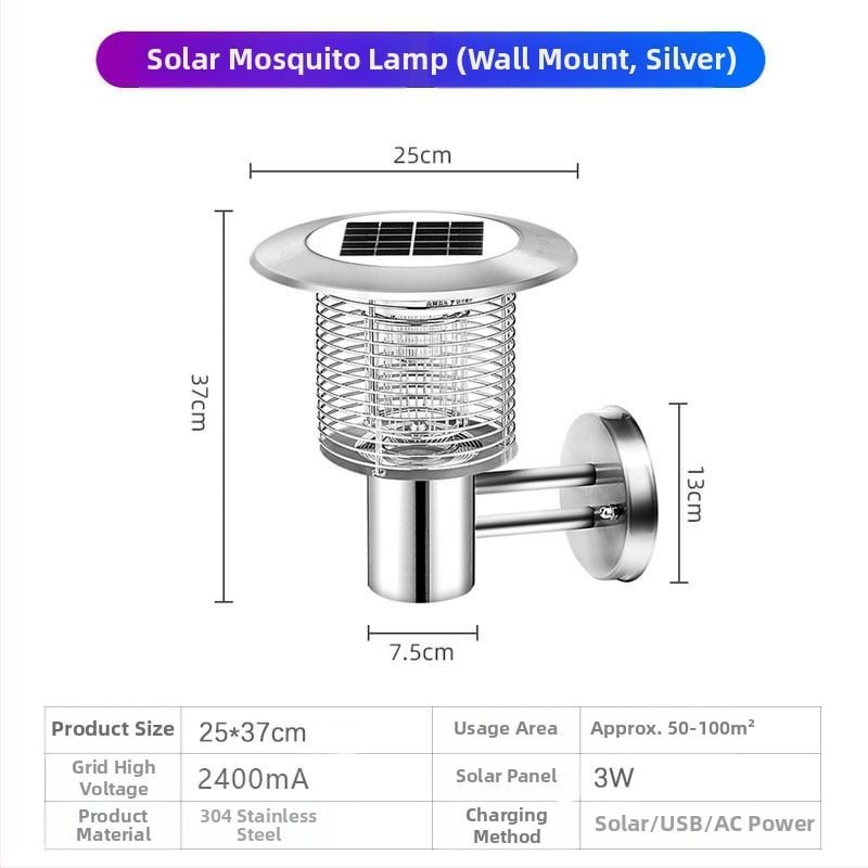 Napelemes kültéri LED szúnyogirtó lámpa, vízálló, 31–40 m² területre, 0–180°-ban állítható, rozsdamentes acél ház