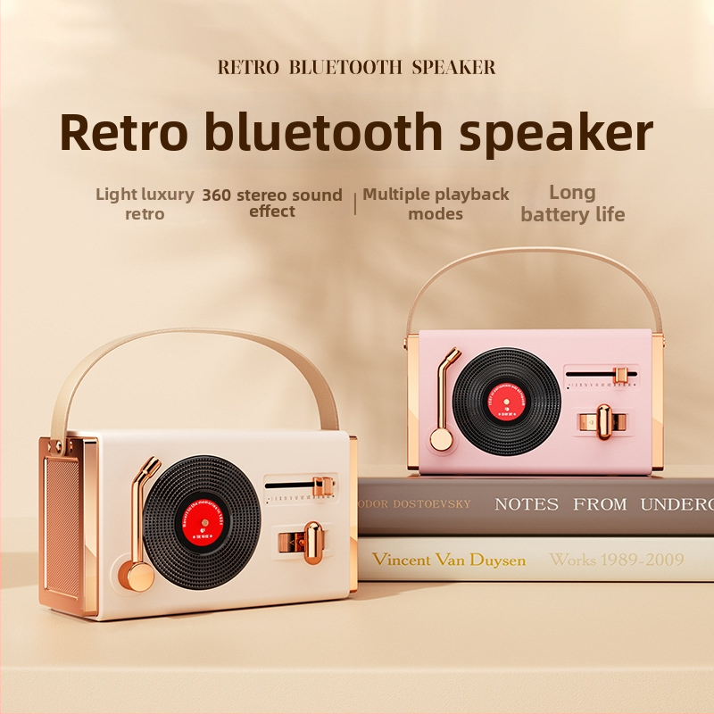 Retro Bluetooth prenosný reproduktor na vonkajšie aj vnútorné použitie, Bluetooth 5.2, 5W výstup, frekvenčný rozsah 100 Hz–20 kHz, SNR ≥70 dB, vstavaná batéria