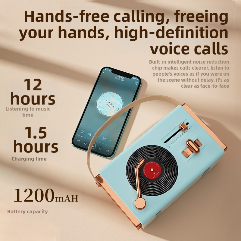Retro Bluetooth prenosný reproduktor na vonkajšie aj vnútorné použitie, Bluetooth 5.2, 5W výstup, frekvenčný rozsah 100 Hz–20 kHz, SNR ≥70 dB, vstavaná batéria