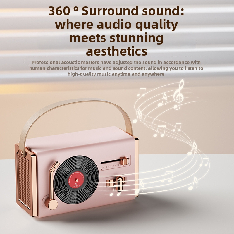 Retro Bluetooth prenosný reproduktor na vonkajšie aj vnútorné použitie, Bluetooth 5.2, 5W výstup, frekvenčný rozsah 100 Hz–20 kHz, SNR ≥70 dB, vstavaná batéria