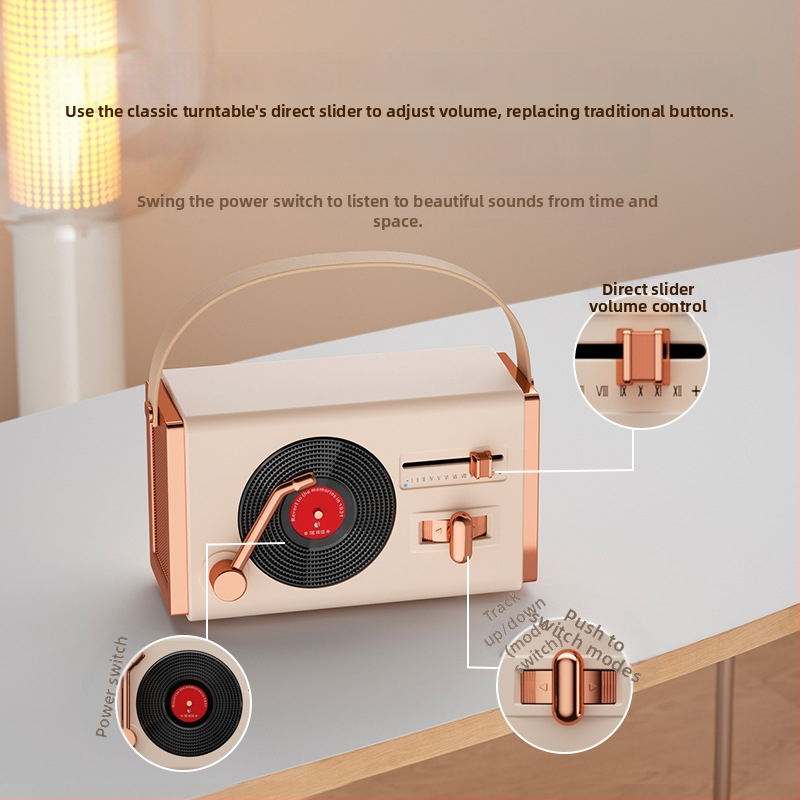 Retro Bluetooth prenosný reproduktor na vonkajšie aj vnútorné použitie, Bluetooth 5.2, 5W výstup, frekvenčný rozsah 100 Hz–20 kHz, SNR ≥70 dB, vstavaná batéria