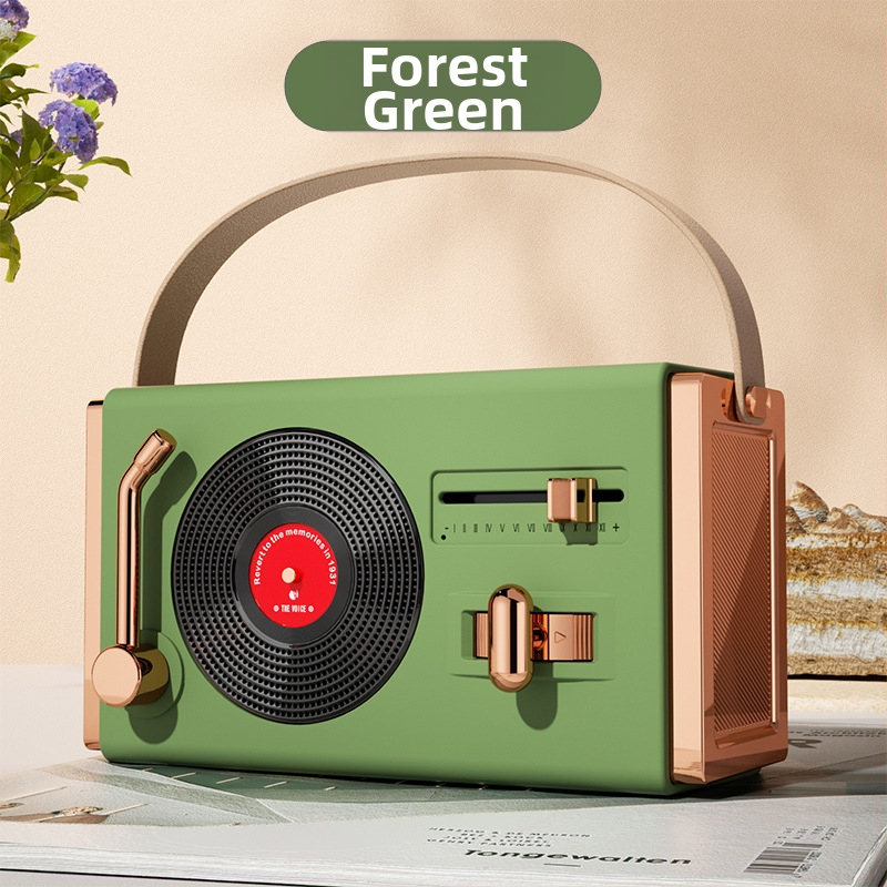 Retro Bluetooth prenosný reproduktor na vonkajšie aj vnútorné použitie, Bluetooth 5.2, 5W výstup, frekvenčný rozsah 100 Hz–20 kHz, SNR ≥70 dB, vstavaná batéria