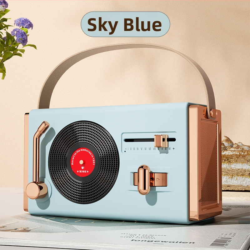 Retro Bluetooth prenosný reproduktor na vonkajšie aj vnútorné použitie, Bluetooth 5.2, 5W výstup, frekvenčný rozsah 100 Hz–20 kHz, SNR ≥70 dB, vstavaná batéria