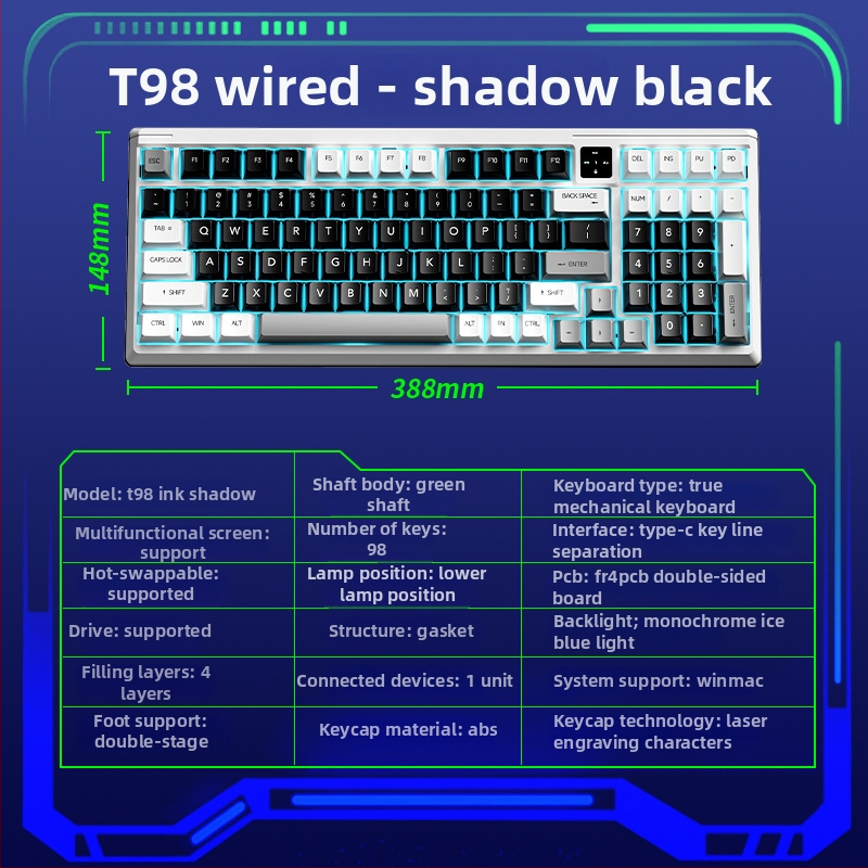 Langtu T98 prilagođena žičana mehanička tipkovnica, Gaskte struktura, hot-swappable prekidači, za e-sport, numerička tipkovnica, USB-C