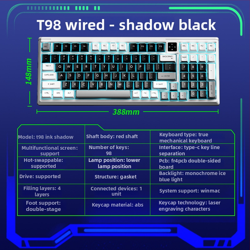 Langtu T98 prilagođena žičana mehanička tipkovnica, Gaskte struktura, hot-swappable prekidači, za e-sport, numerička tipkovnica, USB-C