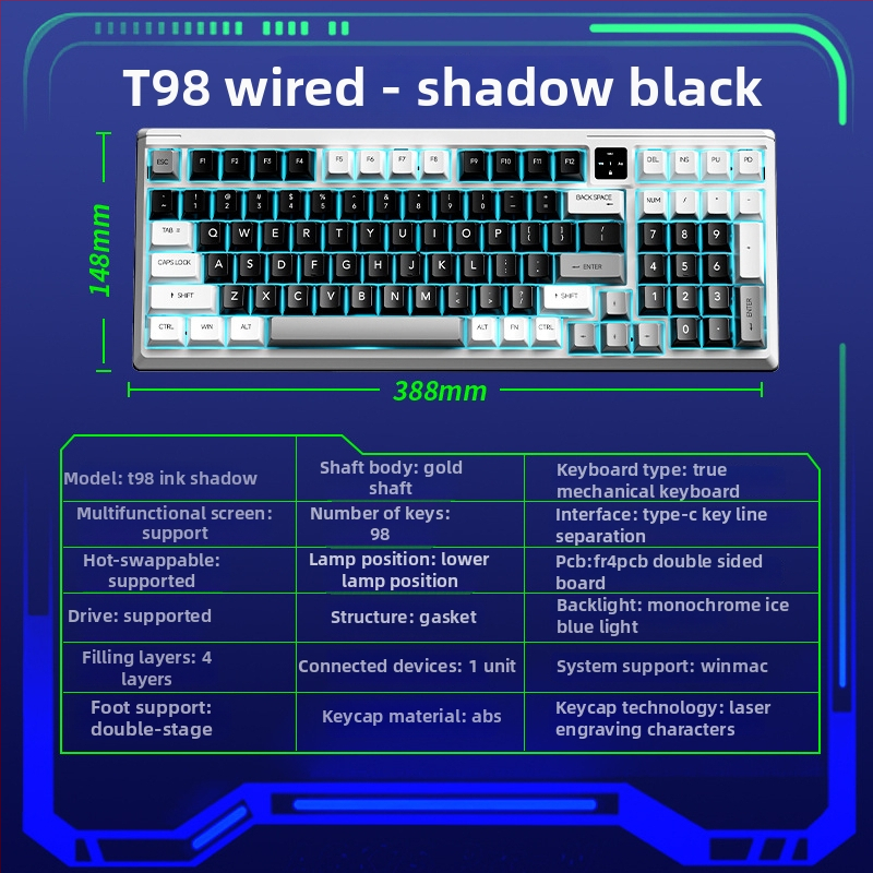 Langtu T98 prilagođena žičana mehanička tipkovnica, Gaskte struktura, hot-swappable prekidači, za e-sport, numerička tipkovnica, USB-C