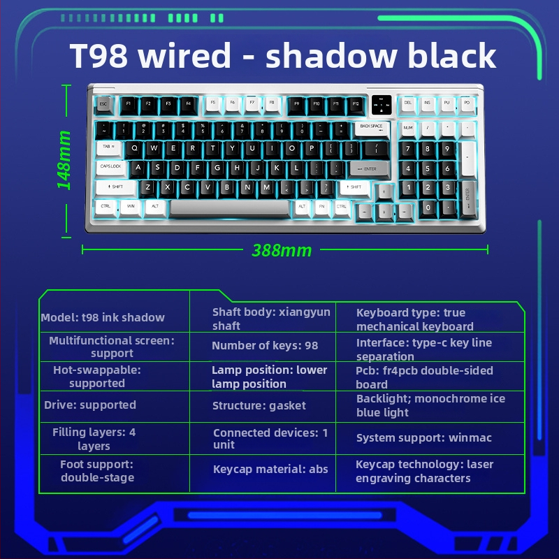 Langtu T98 prilagođena žičana mehanička tipkovnica, Gaskte struktura, hot-swappable prekidači, za e-sport, numerička tipkovnica, USB-C
