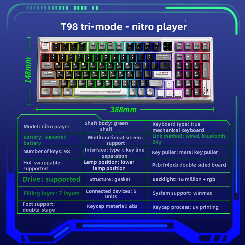 Langtu T98 prilagođena žičana mehanička tipkovnica, Gaskte struktura, hot-swappable prekidači, za e-sport, numerička tipkovnica, USB-C