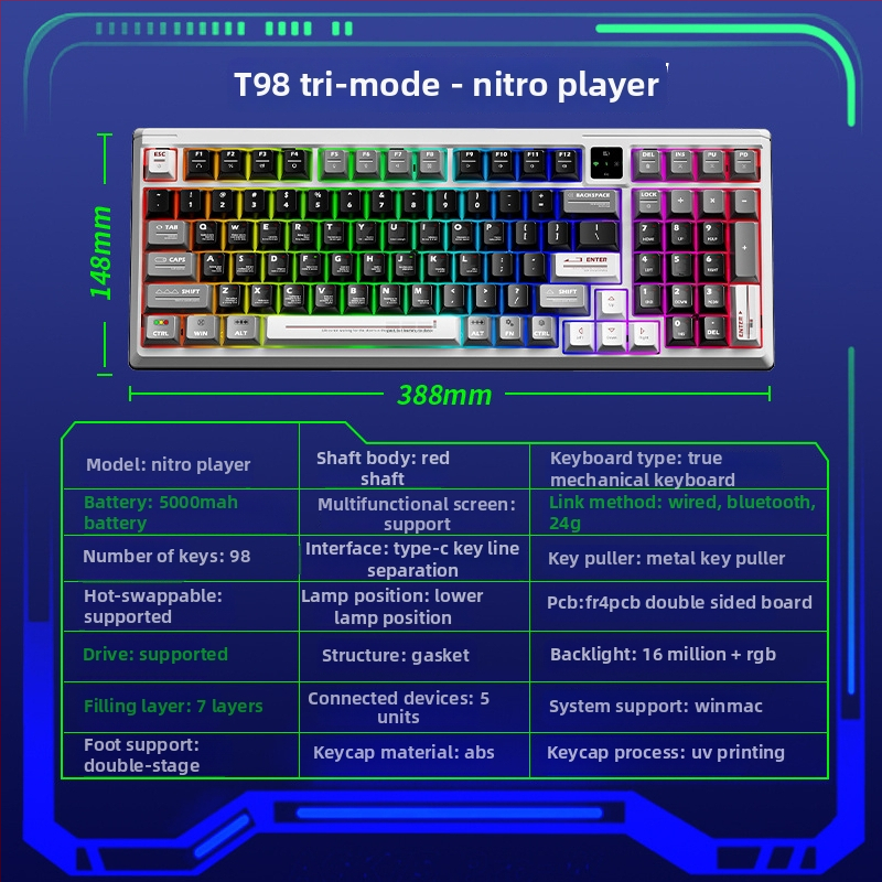 Langtu T98 prilagođena žičana mehanička tipkovnica, Gaskte struktura, hot-swappable prekidači, za e-sport, numerička tipkovnica, USB-C