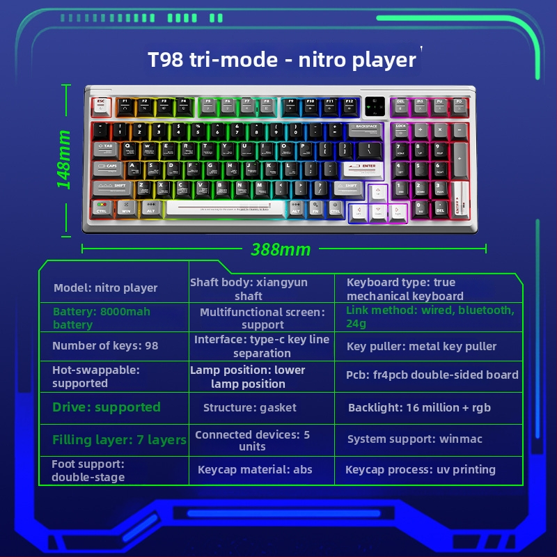 Langtu T98 prilagođena žičana mehanička tipkovnica, Gaskte struktura, hot-swappable prekidači, za e-sport, numerička tipkovnica, USB-C