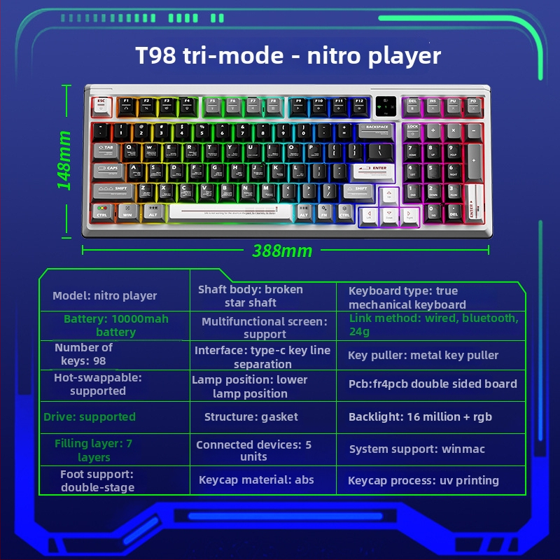 Langtu T98 prilagođena žičana mehanička tipkovnica, Gaskte struktura, hot-swappable prekidači, za e-sport, numerička tipkovnica, USB-C