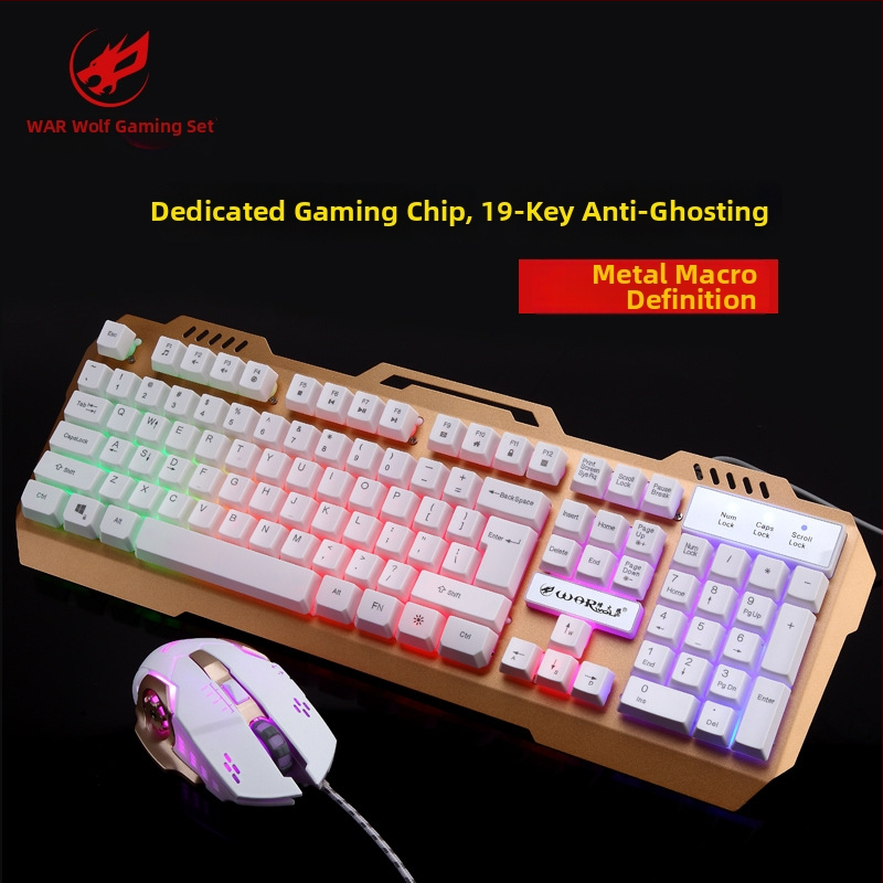 Fire Wolf USB mechaninė žaidimų klaviatūra ir pelė rinkinys, laidinis, makro programavimas, 3200 DPI, ergonomiškas, atsparus vandeniui, 1.8 m laidas