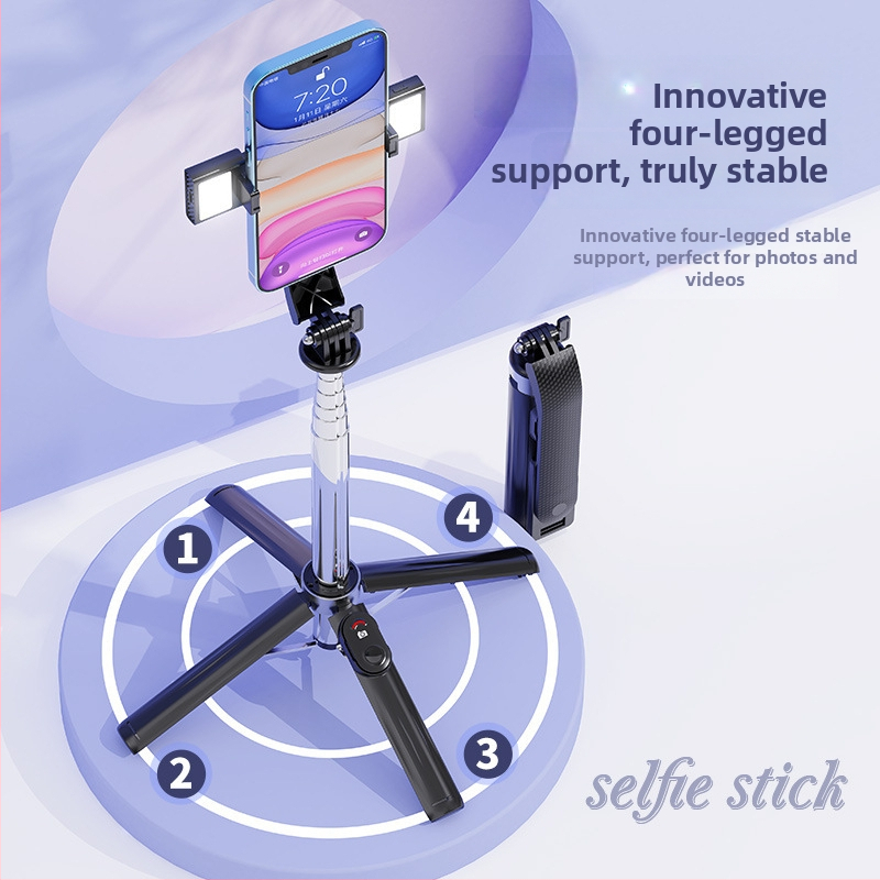 Neljajalgs telefonihoidik otseülekandeks Bluetoothi kaugjuhtimispuldiga ja sisseehitatud valgustusega