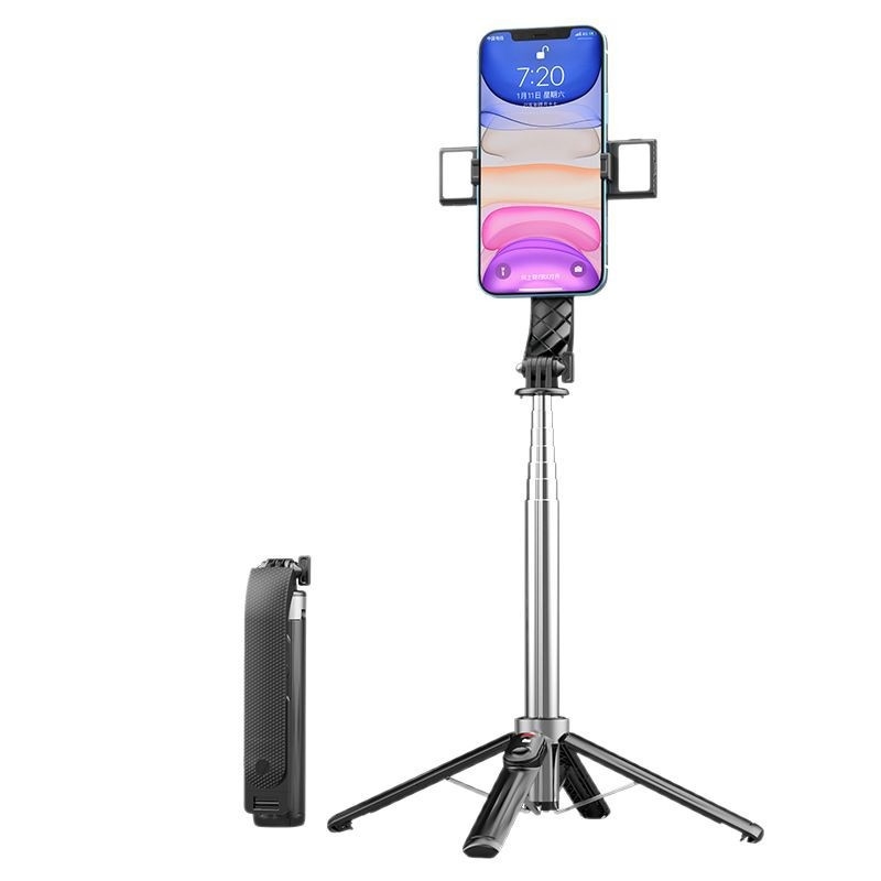Četrkājains telefona statīvs tiešraidei ar Bluetooth tālvadību un iebūvētu apgaismojumu