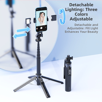 Bluetooth Selfie nūjiņa ar apgaismojumu, alumīnija sakausējuma caurule, noņemams gimbāls, četrrānu statīvs kamerai un viedtelefonam