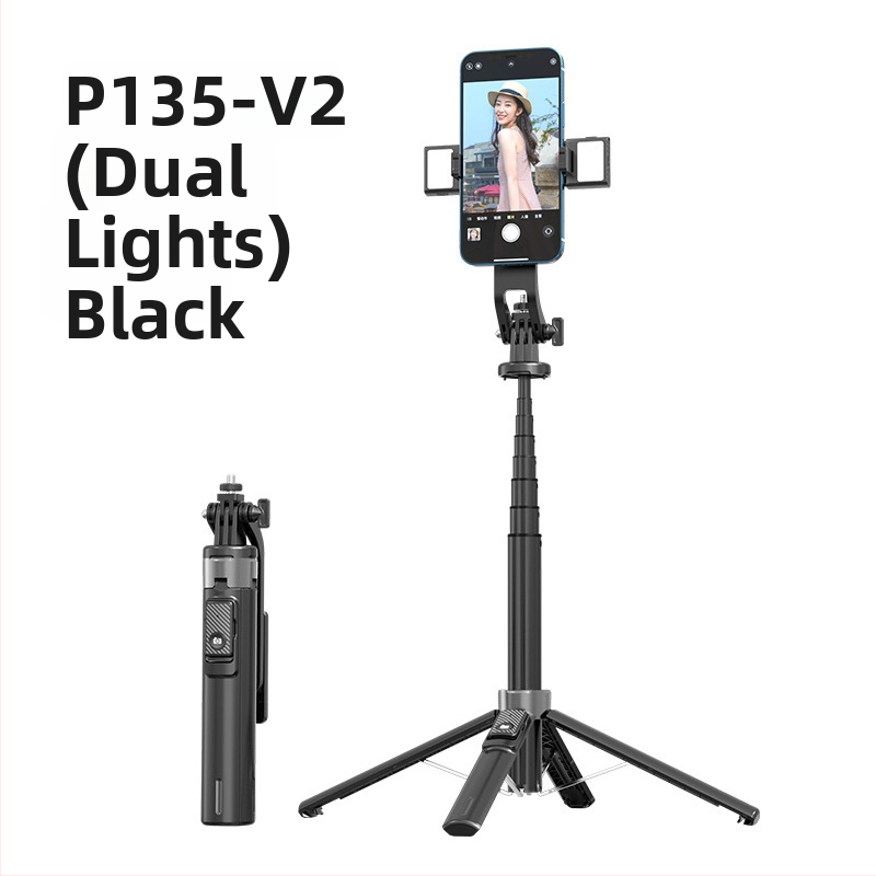 Bluetooth selfie lazda su apšvietimu, aliuminio lydinio vamzdelis, nuimamas gimbalas, keturkojis statyvas kamerai ir išmaniajai telefonui