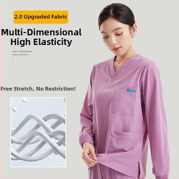 Set scrub medical unisex în stil coreean, cu țesătură Chenille elastică și uscare rapidă (90–95% spandex), protecție împotriva radiațiilor, mâneci 5/4, guler de blană, Primăvară-Vară 2025.